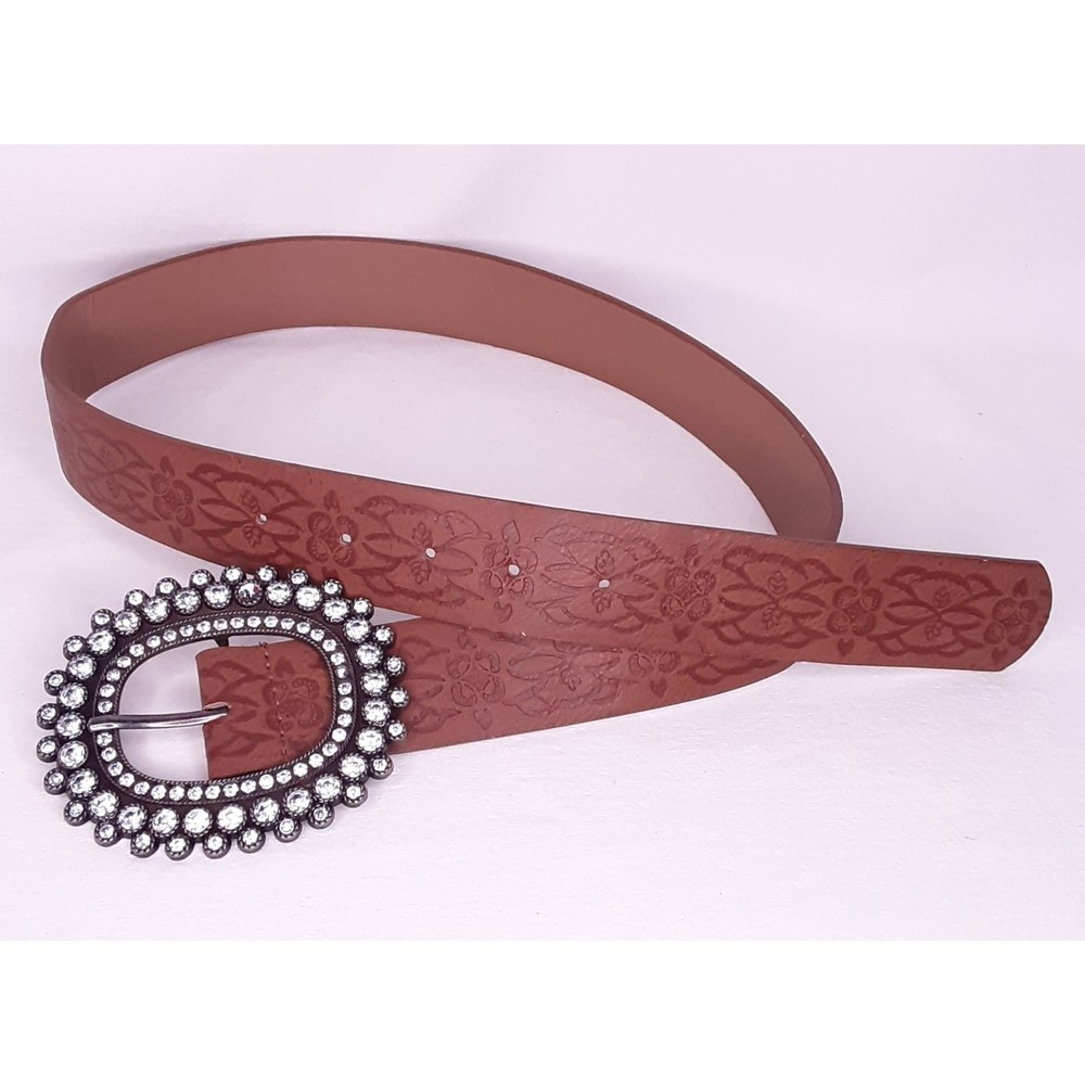 💎Womens Belt Rhinestone Studded Buckle Faux Leather Tooled Floral Design Medium